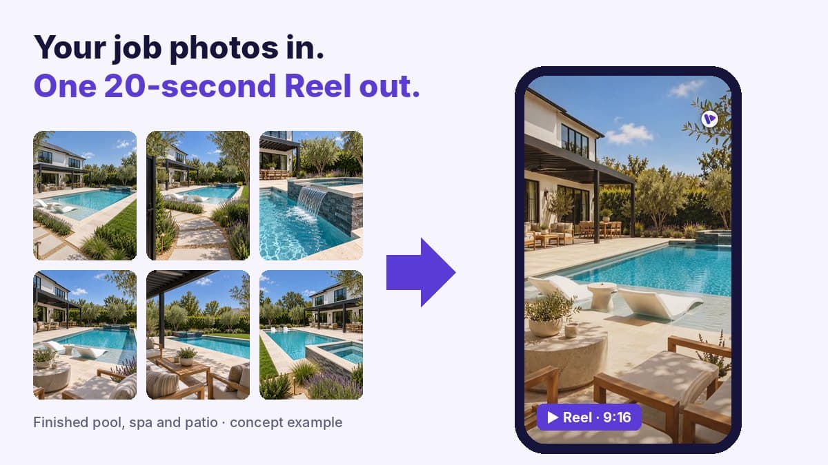 Six photos of a finished backyard pool, spa and patio next to a phone playing the vertical Reel made from them