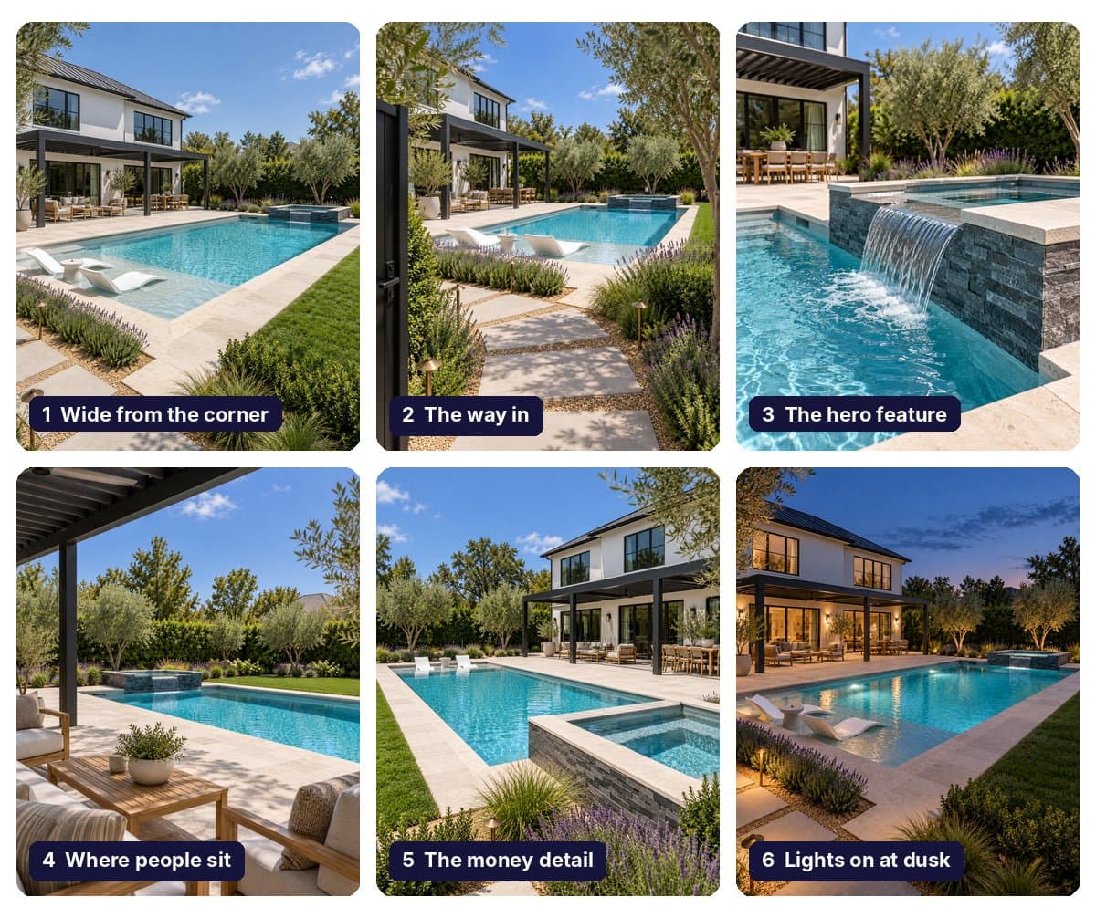 Six labeled photos of a finished pool: wide from the corner, the path in, the waterfall feature, the covered seating area, the spa, and the pool lit at dusk