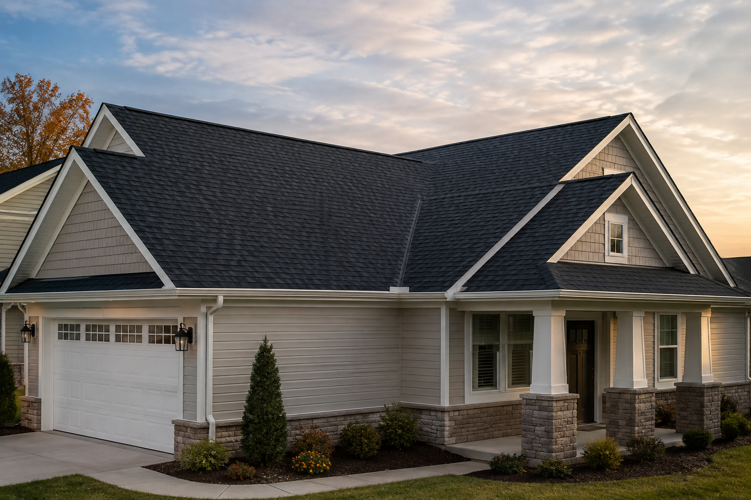 Newly completed charcoal roof on a suburban home